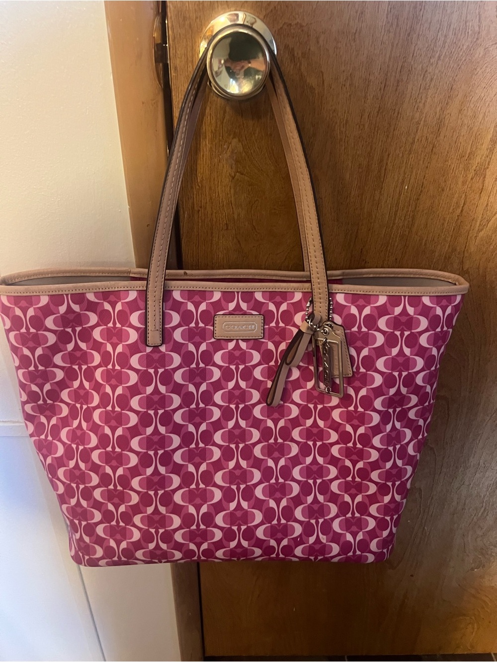 Coach Pink Signature Canvas Tote with Tan Leather Trim